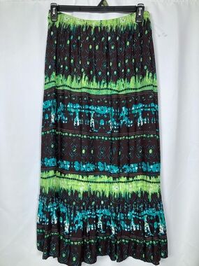 Kim Rogers Boho Paisley Rayon Maxi Skirt Green Brown Blue Size M Beaded Fringe